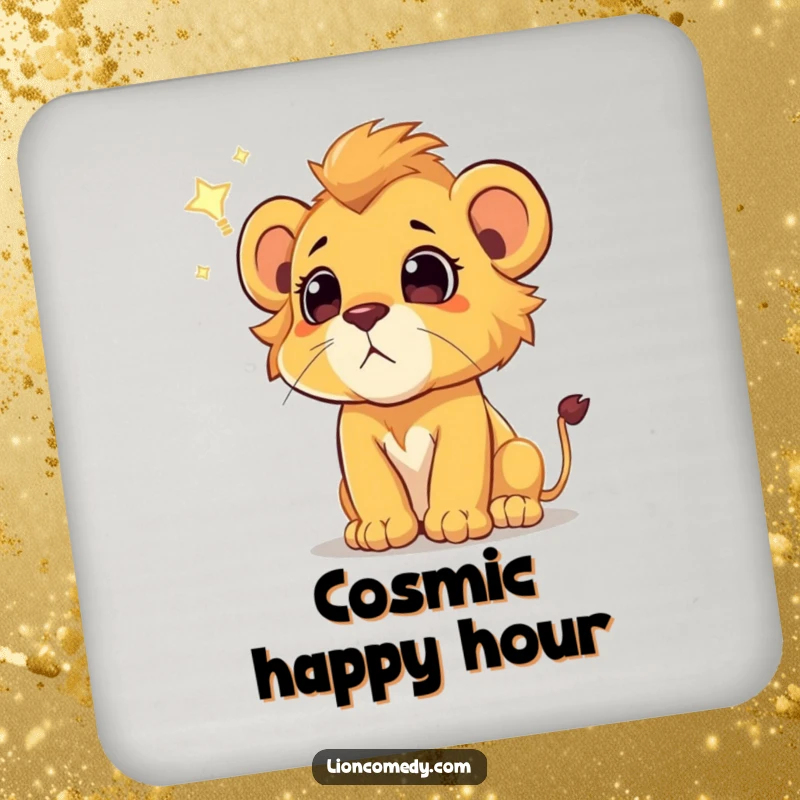 Funny lion cub drink coaster, protecting surfaces with starlight magic, a cub watches a shooting star, a charming table accessory.