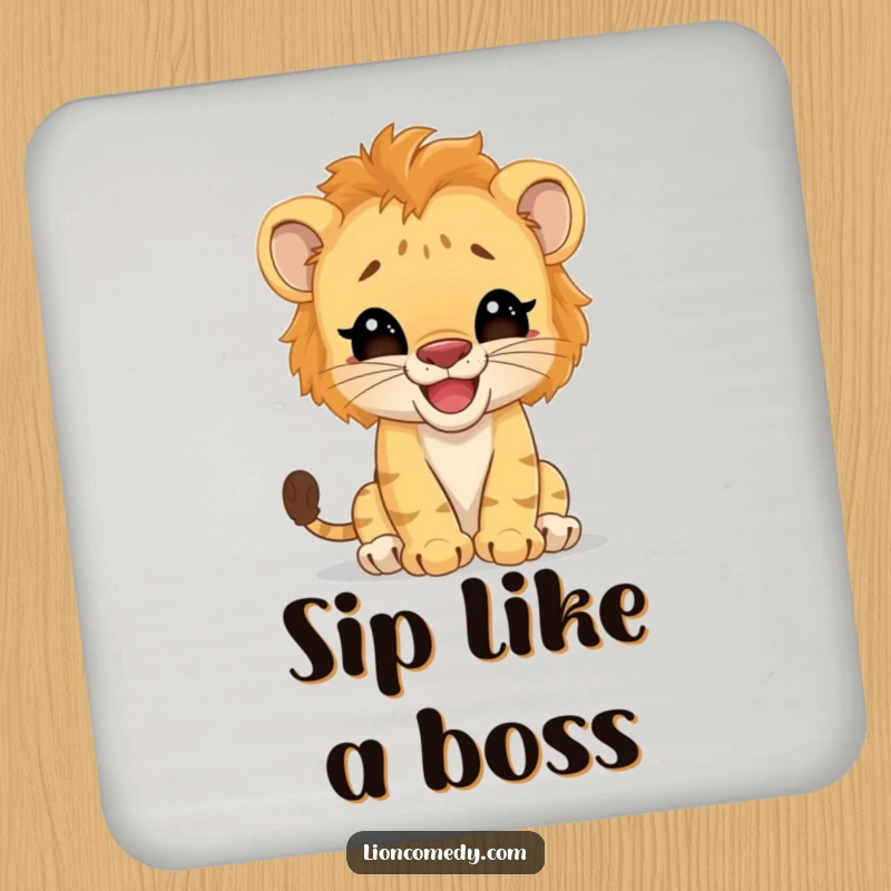 Funny Coasters: A giggling lion cub humorously acts like a big cat on these coasters. Humorous drink coasters for table protection.