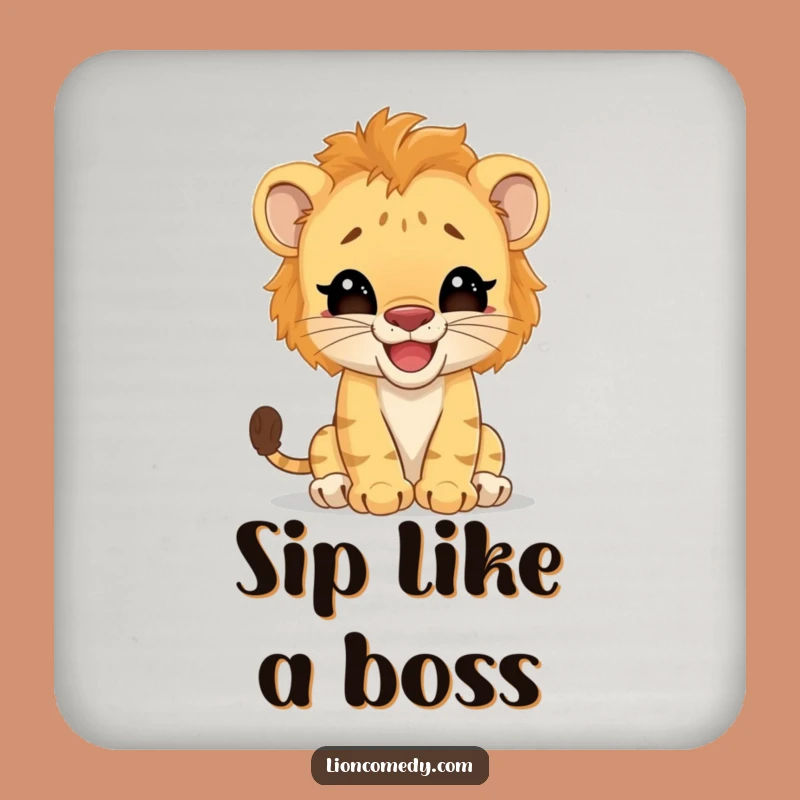 Funny Lion Cub Coaster Set: Protect with Giggles, Featuring a Big Cat Pretender - Humorous Gift!