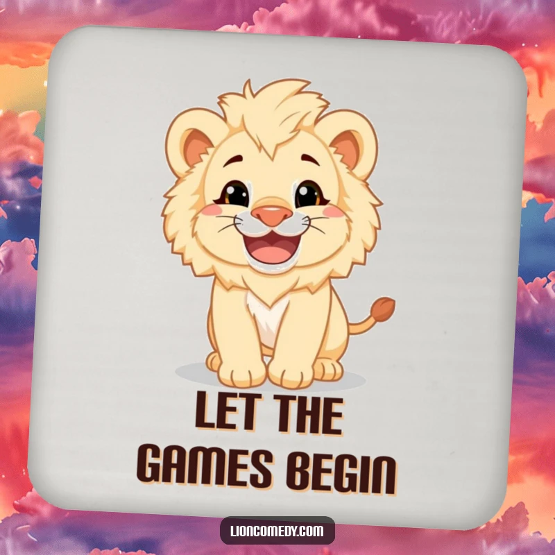 Funny fluffy lion cub with a big grin pouncing playfully on a coaster, protecting surfaces with charm.