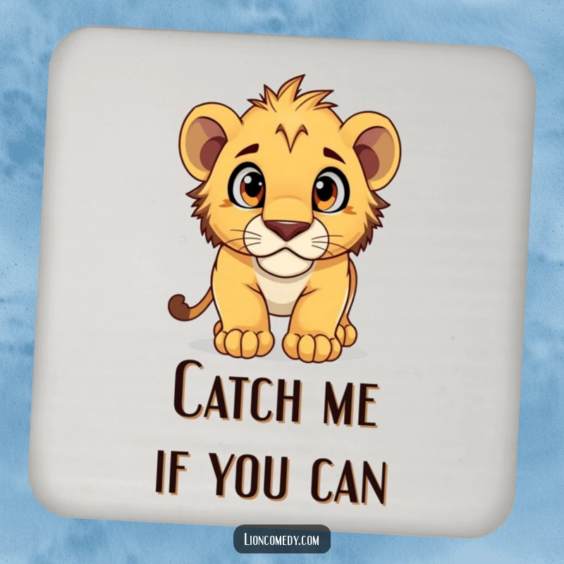 Funny Drink Coaster showcasing a lion cub pouncing with wide, curious eyes, adding a playful touch.