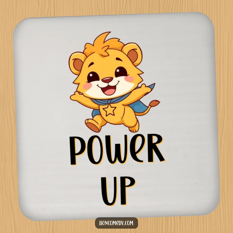Funny drink coasters featuring a smiling lion cub in a superhero cape, flying joyfully, protecting surfaces with heroic charm.