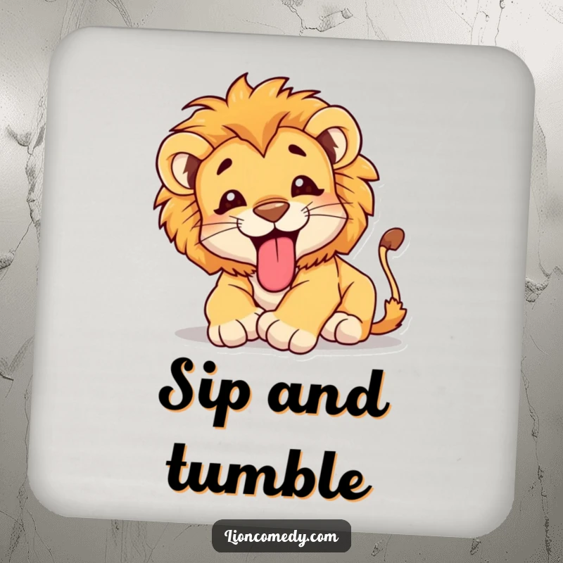 Funny Coaster featuring a happy lion cub tumbling with its tongue sticking out, providing a cute and humorous protection for surfaces.