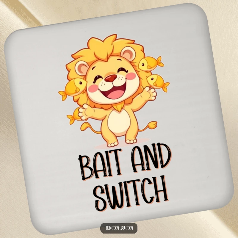 Funny drink coasters featuring a cheerful lion character juggling three golden fish with a wide grin, protecting surfaces with humor.