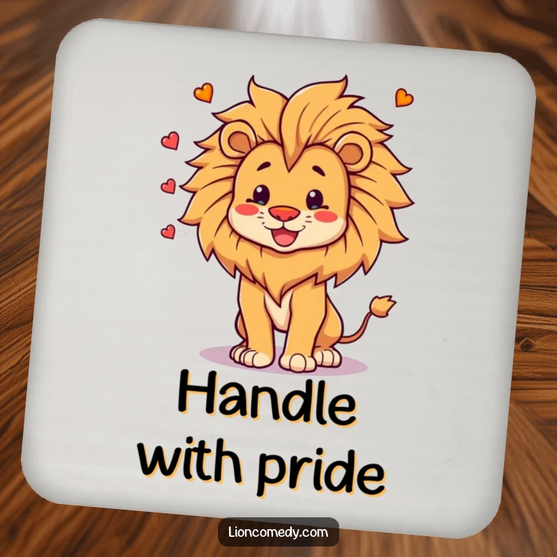 Funny Coaster featuring a proud, happy lion juggling its own mane, providing a humorous and protective surface for drinks.