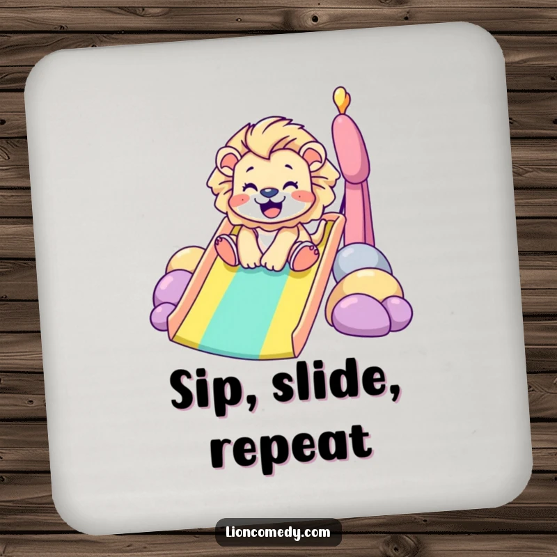 Funny Coasters: A tiny lion gleefully slides down a rainbow, protecting surfaces with a smile. Humorous drink coasters for any table.