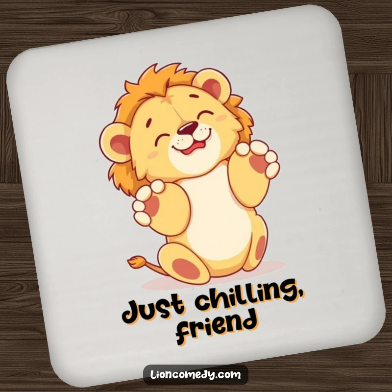Funny drink coaster featuring a lion cub joyfully rolling on its back with paws in the air, protecting surfaces with humor.