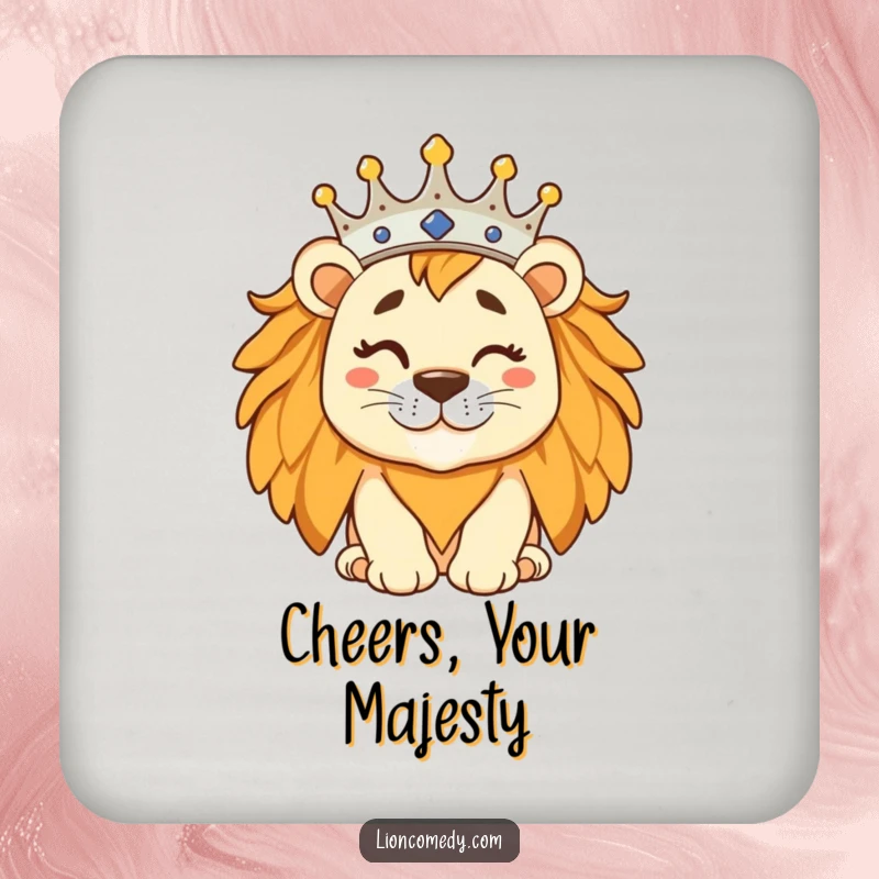 Funny regal lion wearing a tilted crown and winking, printed on a coaster for stylish surface protection.