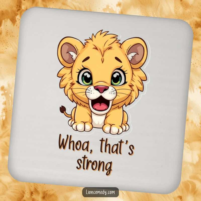 Funny lion cub coasters showing a cub with exaggeratedly wide eyes and an open mouth, looking comically surprised.