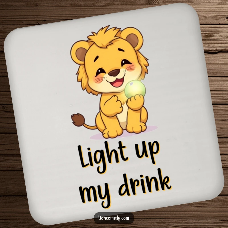 Funny drink coaster featuring a lion cub giggling while holding a small, glowing magical orb, protecting surfaces with humor.
