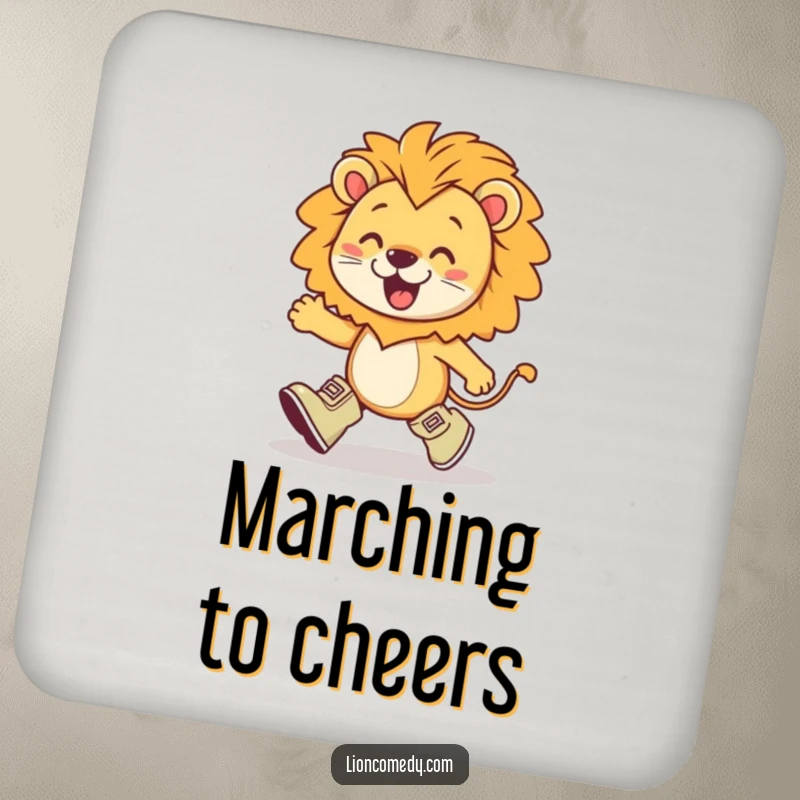 Funny kawaii lion wearing tiny boots, marching with exaggerated enthusiasm, protecting surfaces with a dose of cute determination on a coaster.