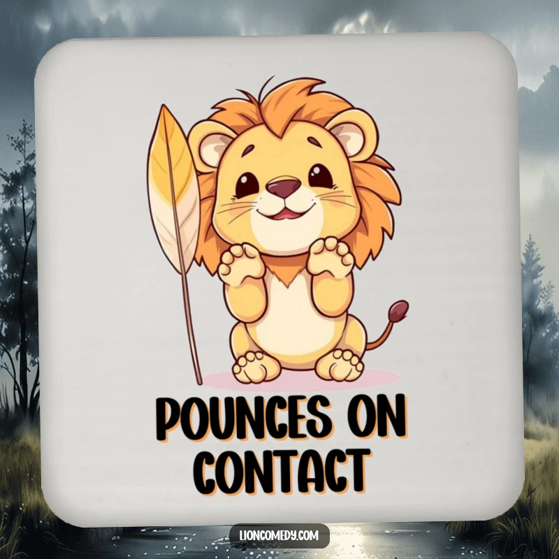 Funny coaster with a small lion cub in a playful pose, ready to pounce on a soft feather.