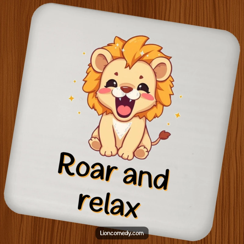 Funny Coaster: A roaring lion cub with tiny stars and sparkles around its mane, adding fierce charm and protection.