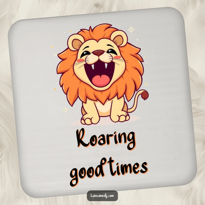 Funny kawaii lion roaring with exaggerated joy, sparkling background, protecting surfaces with a splash of personality and humor on a coaster.