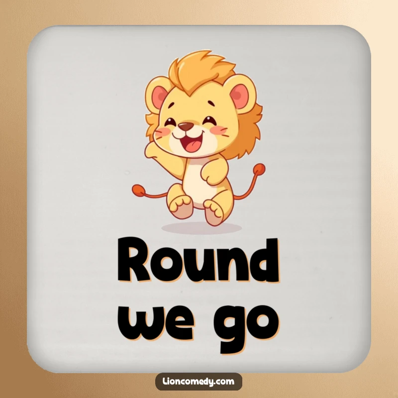 Funny lion cub coasters showing a happy cub amusingly chasing its own tail in a comical, circular motion.