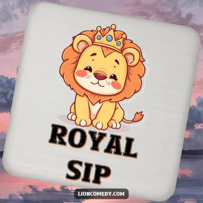 Funny set of coasters featuring a regal kawaii lion wearing a crown, hilariously stumbling, protecting surfaces.