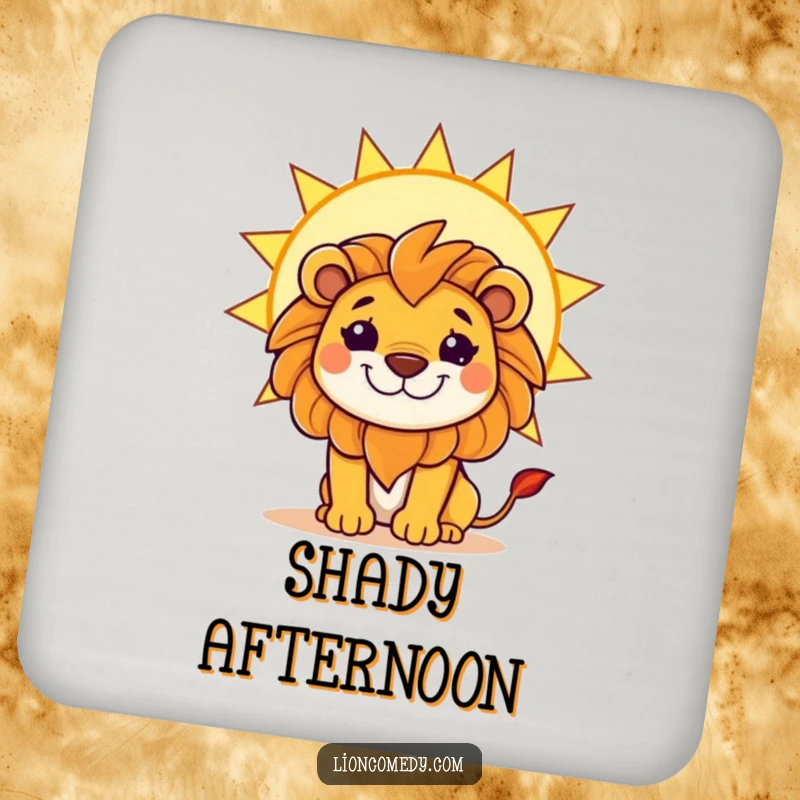 Funny drink coaster featuring a kawaii lion with a mischievous grin, hiding behind a large, bright sun.