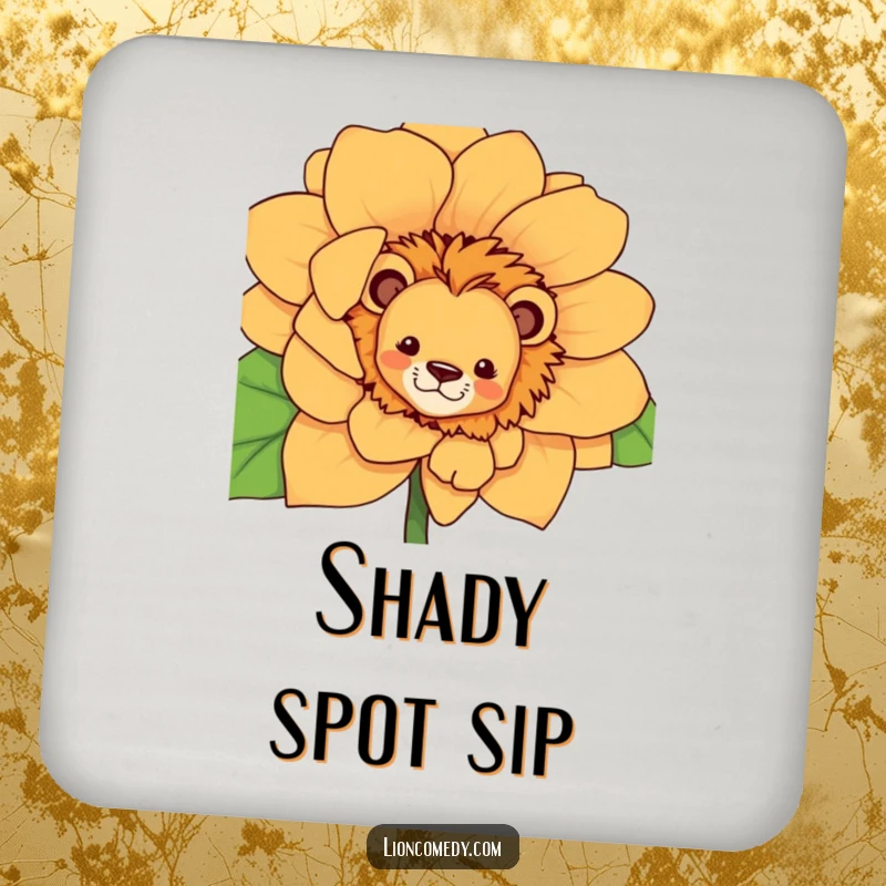 Funny curious lion coaster, showing a lion peeking from behind a flower, perfect for protecting surfaces with humor.