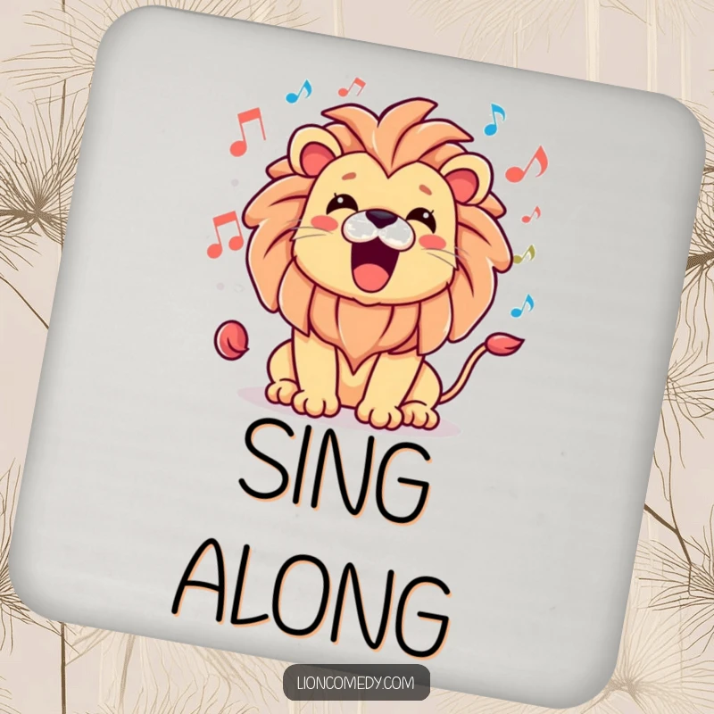 Funny drink coaster with a kawaii lion roaring happily, surrounded by musical notes, protecting surfaces.