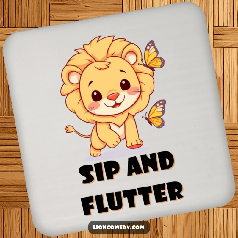 Funny cheerful lion joyfully chasing a butterfly on a coaster, protecting surfaces with playful charm.