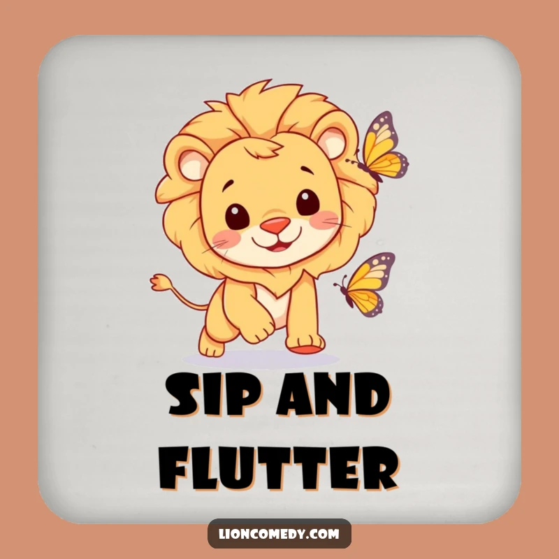 Funny Cheerful Lion Coaster - Playful Butterfly Chase Table Protector Gift