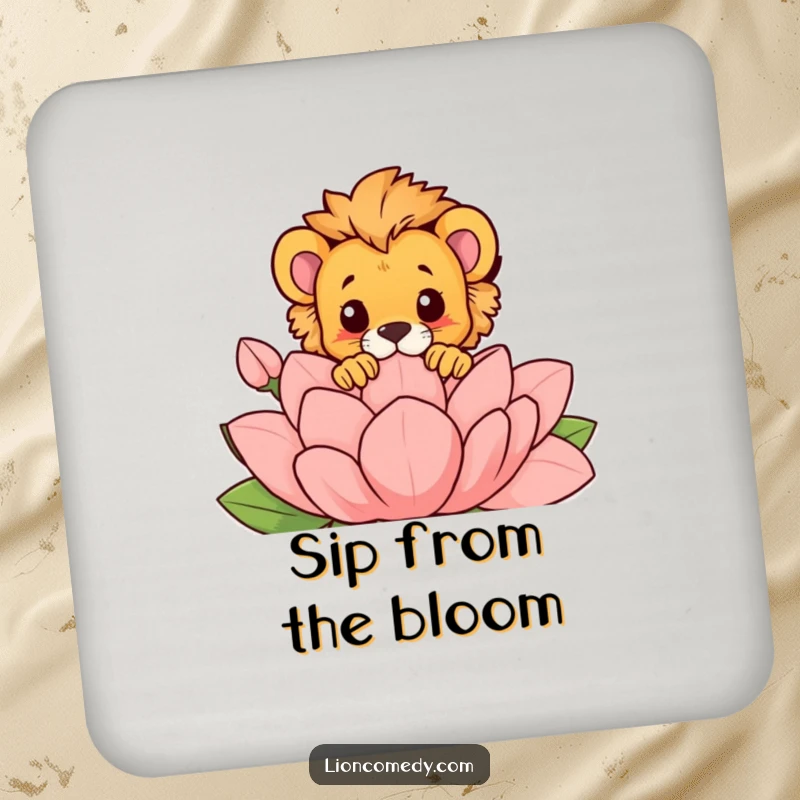Funny drink coaster featuring a lion cub playfully peeking over a large, stylized flower, protecting surfaces with humor.