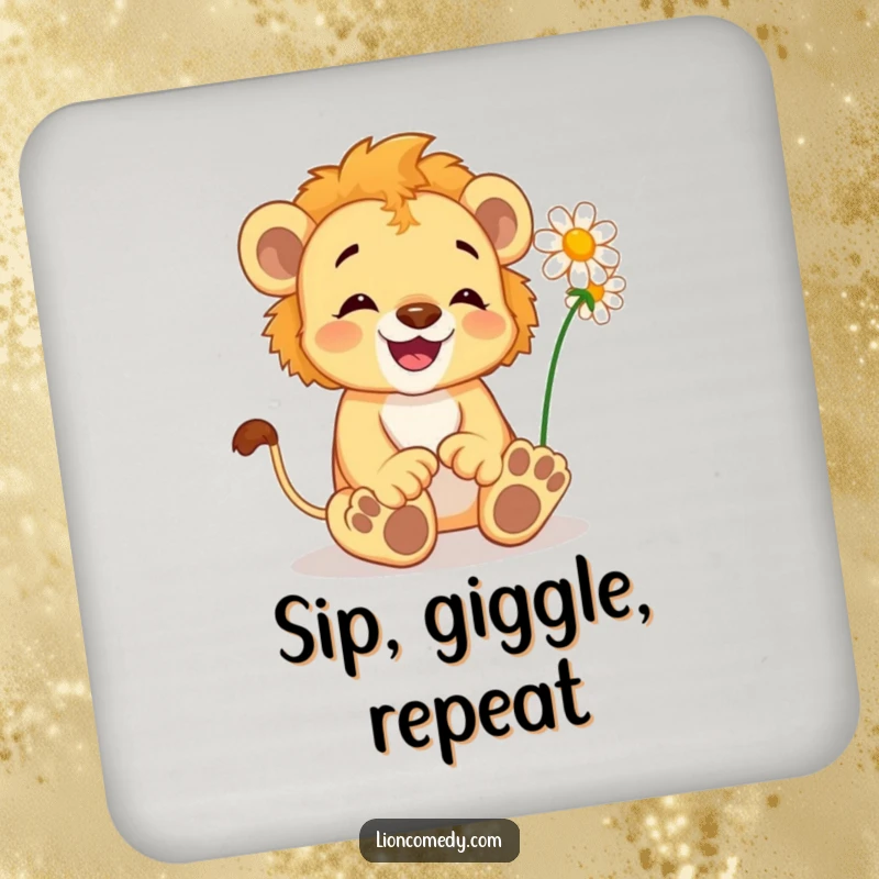 Funny Lion Cub Coaster: A delighted cub wiggles its toes, tickled by a daisy, protecting your surfaces with happiness.