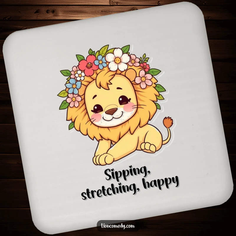Funny drink coasters featuring a kawaii lion with a flower mane, stretching lazily, adding a touch of relaxed charm.
