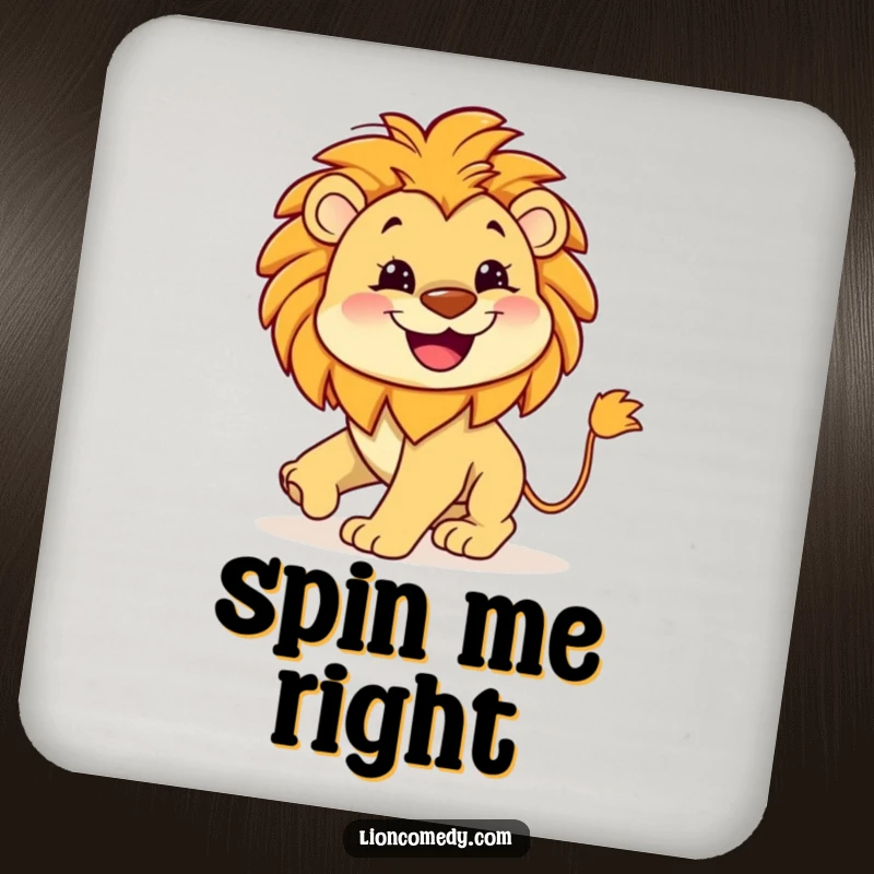 Funny Lion Tail Coasters featuring a kawaii lion with a wide grin, chasing its tail, protecting surfaces with humor.