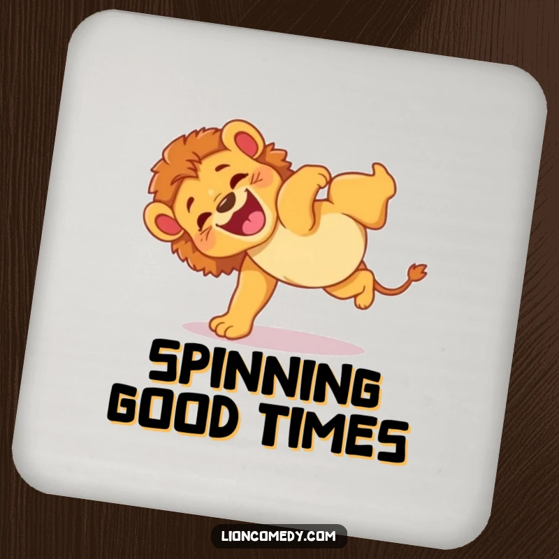 Funny drink coasters featuring an energetic lion cub doing a clumsy somersault with glee, protecting surfaces with playful charm.