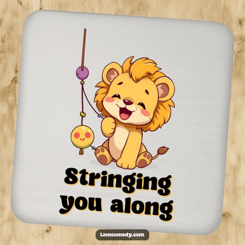 Funny lion cub coasters showing a cub comically batting at a dangling string toy with its paws, full of playful energy.