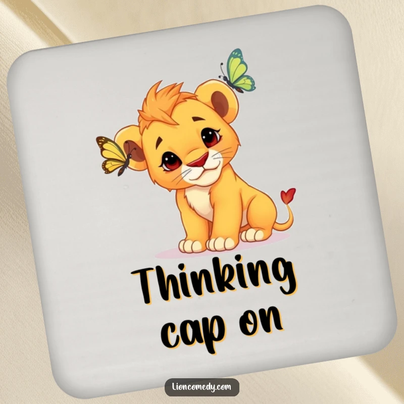 Funny Lion Cub Coaster: A curious cub tilts its head, intently watching a butterfly, protecting your tables.