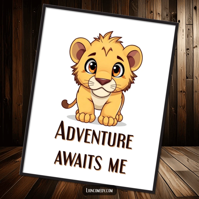 Funny Poster showcasing a lion cub pouncing with huge, curious eyes, capturing a moment of pure wonder.