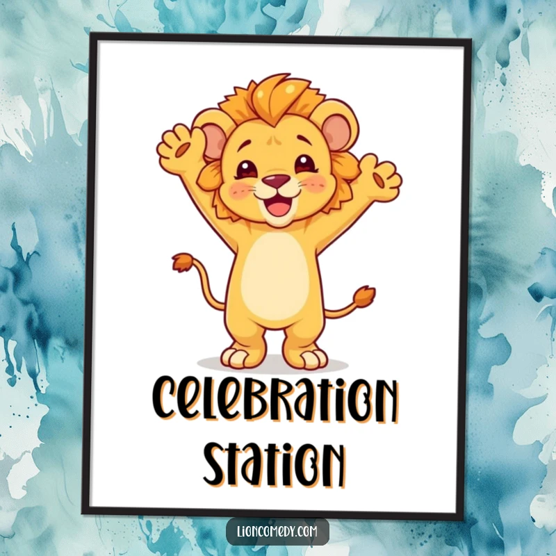 Funny dancing lion cub poster, captured mid-dance with arms up, vibrant and celebratory wall art, bringing joy and fun.