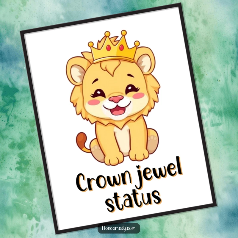 Funny Poster of a lion cub with a silly grin, balancing a tiny crown, exuding hilarious royal charm.