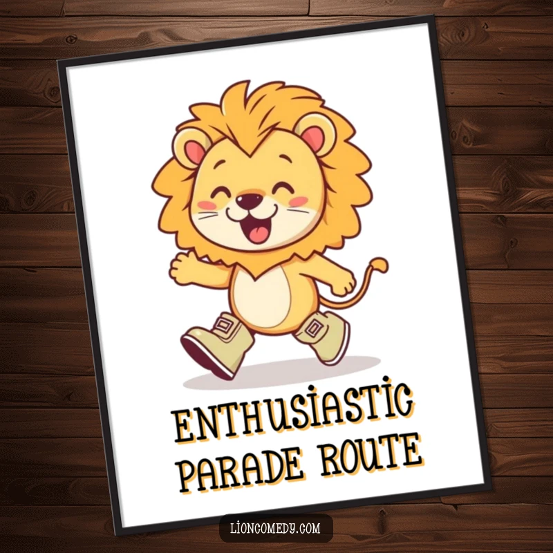 Funny kawaii lion wearing tiny boots, marching with exaggerated enthusiasm, creating a motivational and cheerful piece of wall art.