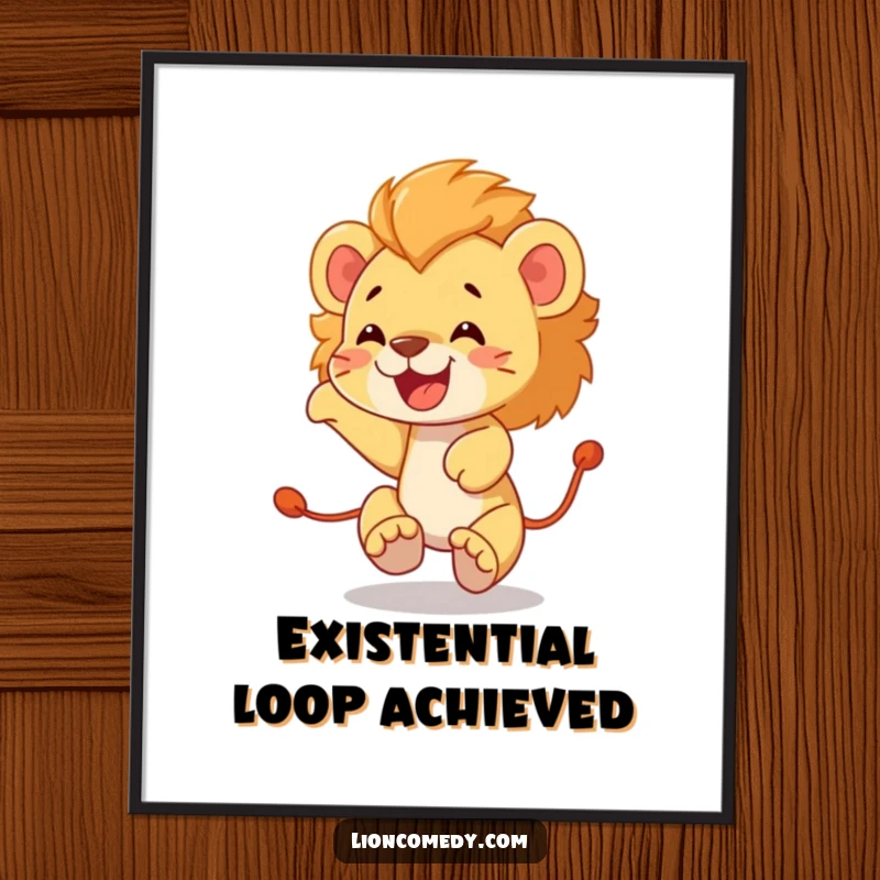 Funny lion cub poster showcasing a joyful cub in a hilarious, dizzying chase after its own tail, full of glee.