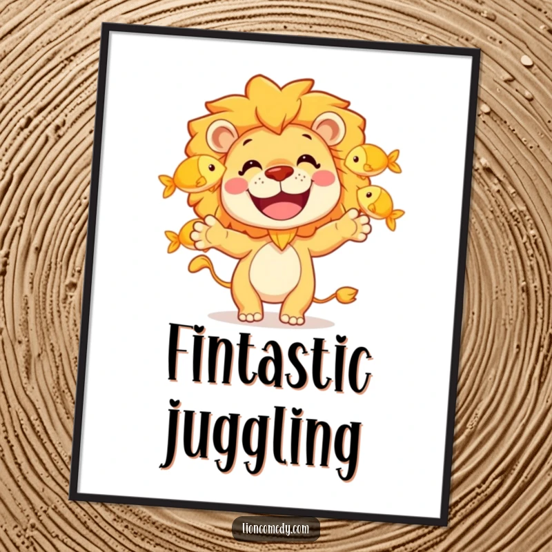 Funny poster displaying a cheerful lion character juggling three golden fish with a wide, infectious grin, perfect for brightening any room.