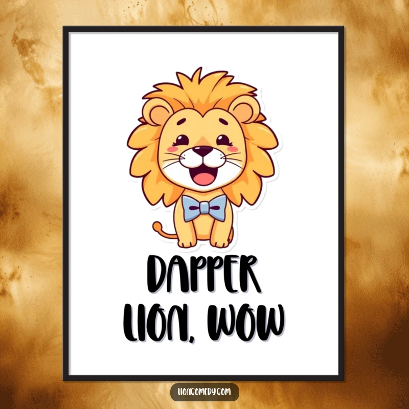 Funny Poster of a dapper lion with a wide, goofy smile, sporting a tiny bow tie, creating a humorous and visually appealing artwork.
