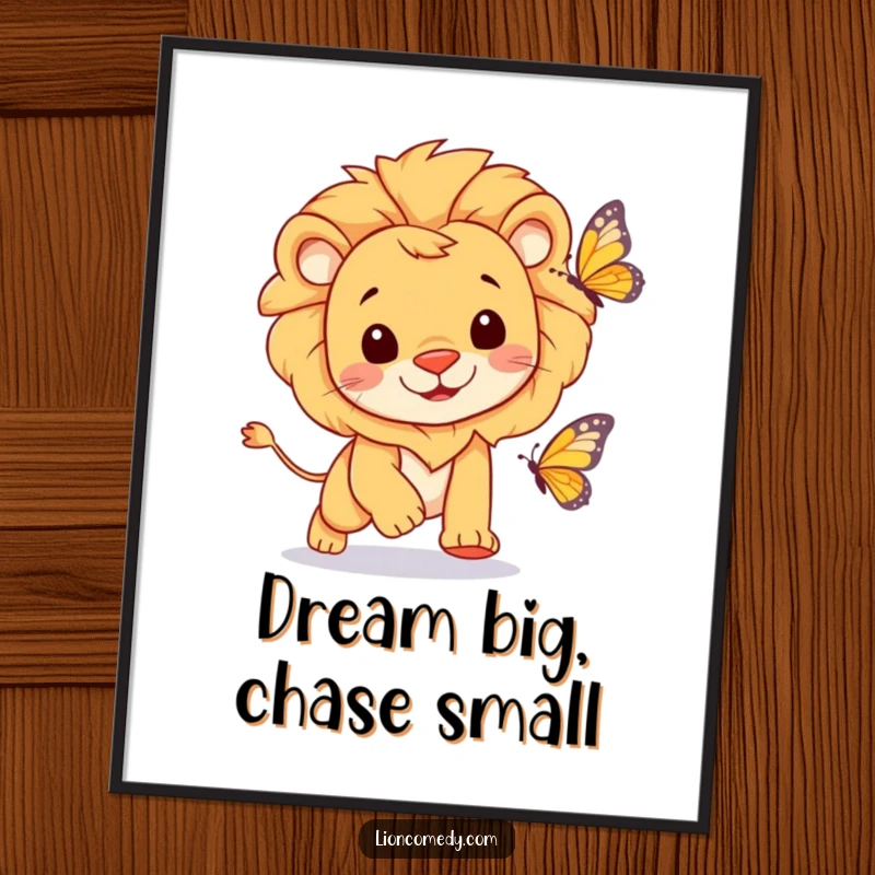 Funny lion with a cheerful expression joyfully chasing a butterfly, presented as a delightful poster for wall art.