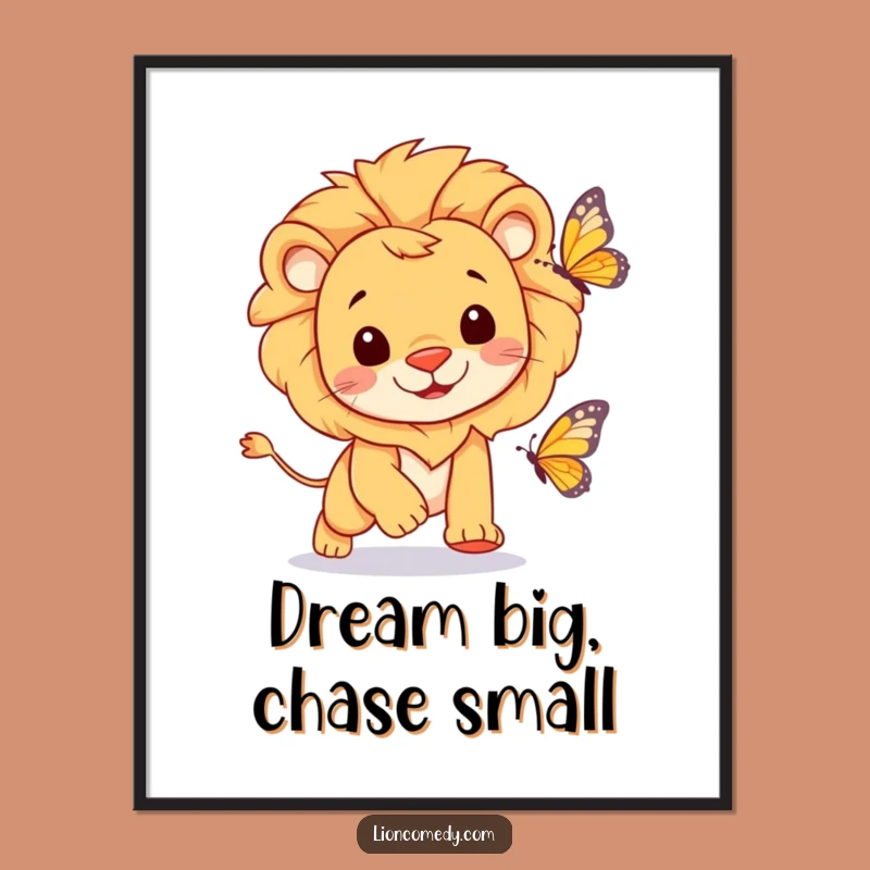 Funny Cheerful Lion Poster - Playful Butterfly Chase Wall Art Gift
