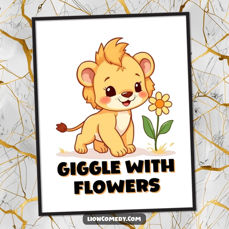 Funny Poster of a joyous lion cub with a spring in its step, playfully approaching a giggling flower, creating a heartwarming scene.