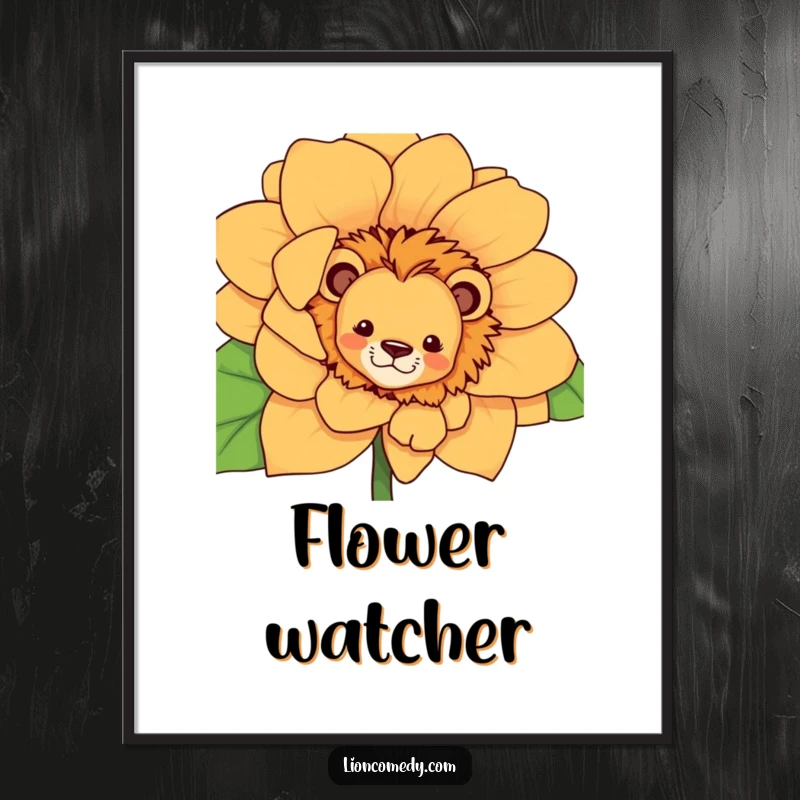 Funny curious lion poster, peeking from behind a massive flower, conveying a sense of wonder and gentle mischief.