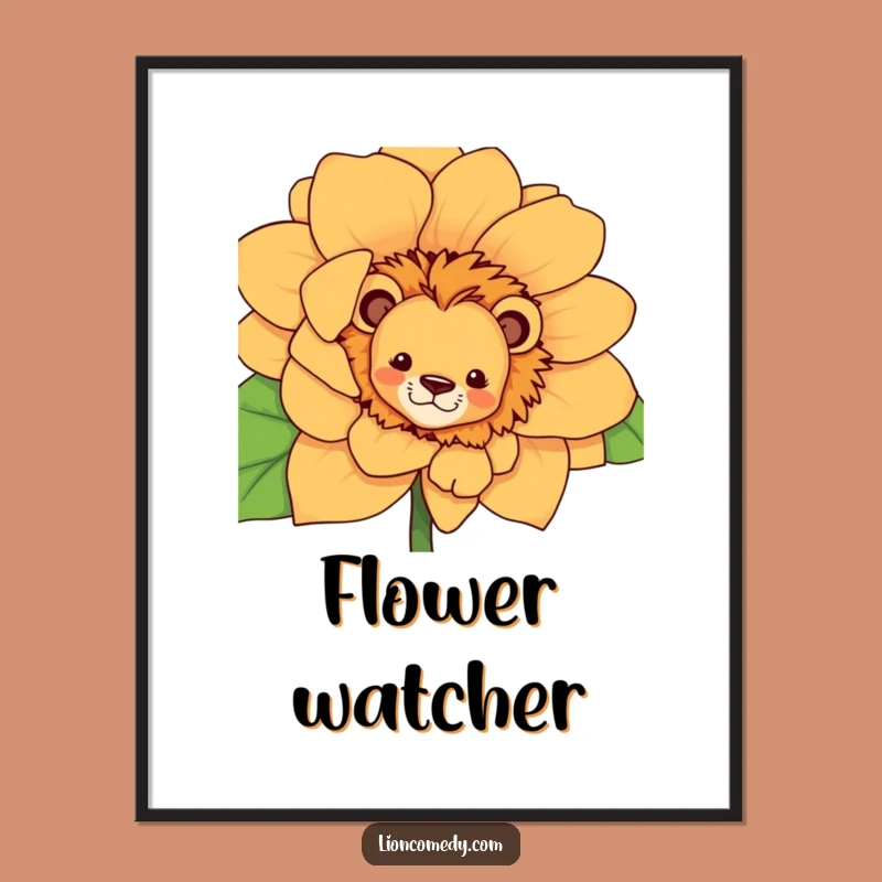 Funny Curious Lion Flower Poster - Whimsical Art for a Playful Space