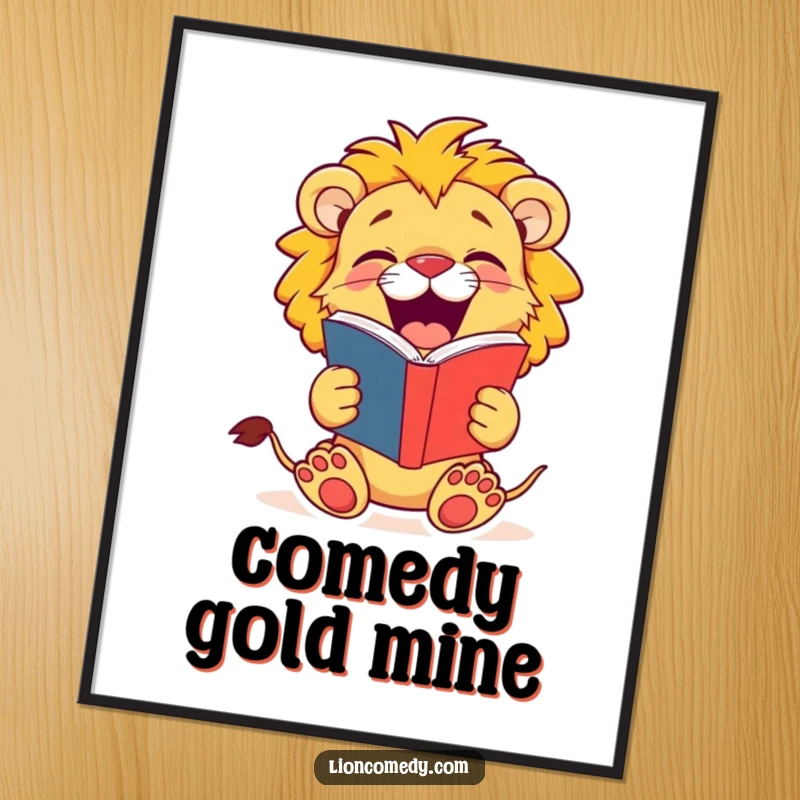 Funny Lion Cub Poster: A happy cub roars with laughter, holding a joke book, bringing comedic vibes to your wall.