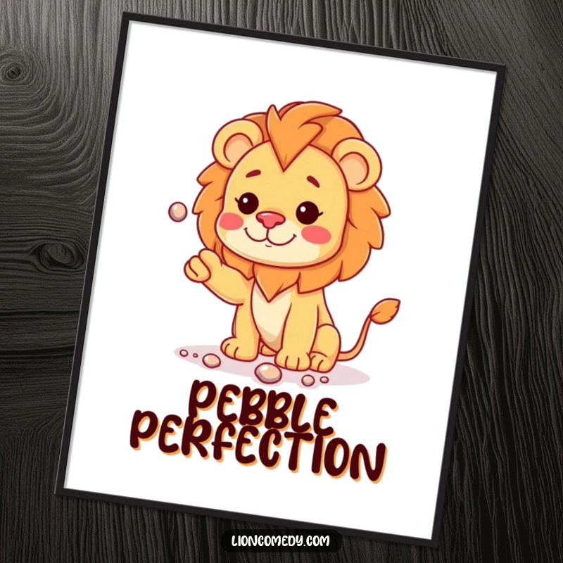 Funny kawaii lion cub with a curious head tilt, juggling shiny pebbles, presented as a whimsical wall poster.