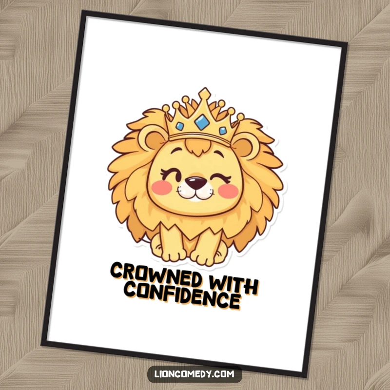 Funny kawaii lion poster showcasing a cute lion wearing a crown and winking, bringing regal humor to any room.