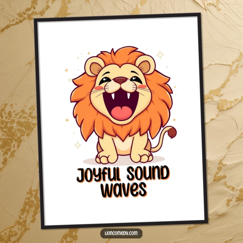 Funny kawaii lion roaring with exaggerated joy, sparkling background, creating a piece of vibrant and happy art for any wall.