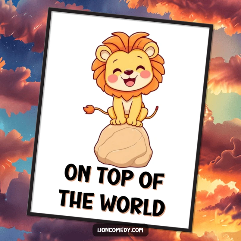 Funny lion balancing poster capturing a joyful lion in a precarious yet happy stance on a small rock, ideal for cheerful decor.