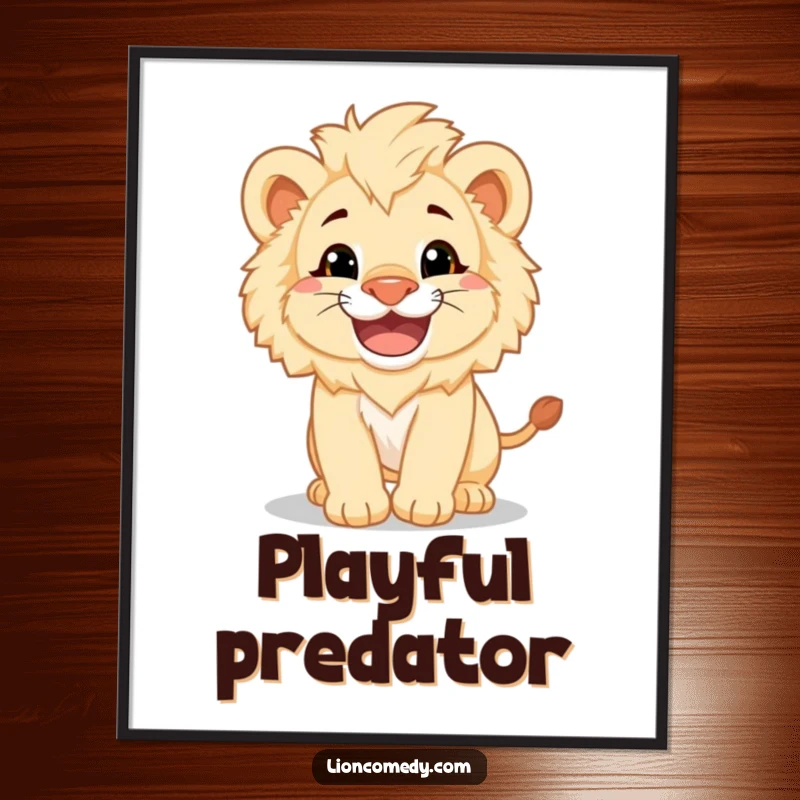 Funny fluffy lion cub with a huge grin pouncing playfully, presented as a cheerful poster for wall decoration.